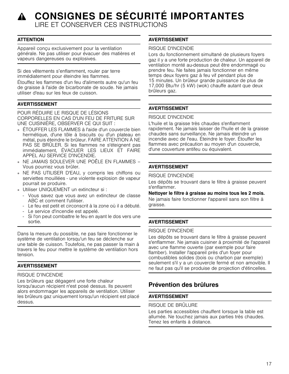 Attention, Avertissement, Risque d’incendie | Risque d'incendie, Prévention des brûlures, Risque de brûlure, Consignes de sécurité importantes, Lire et conserver ces instructions | Bosch HIB82651UC User Manual | Page 17 / 40