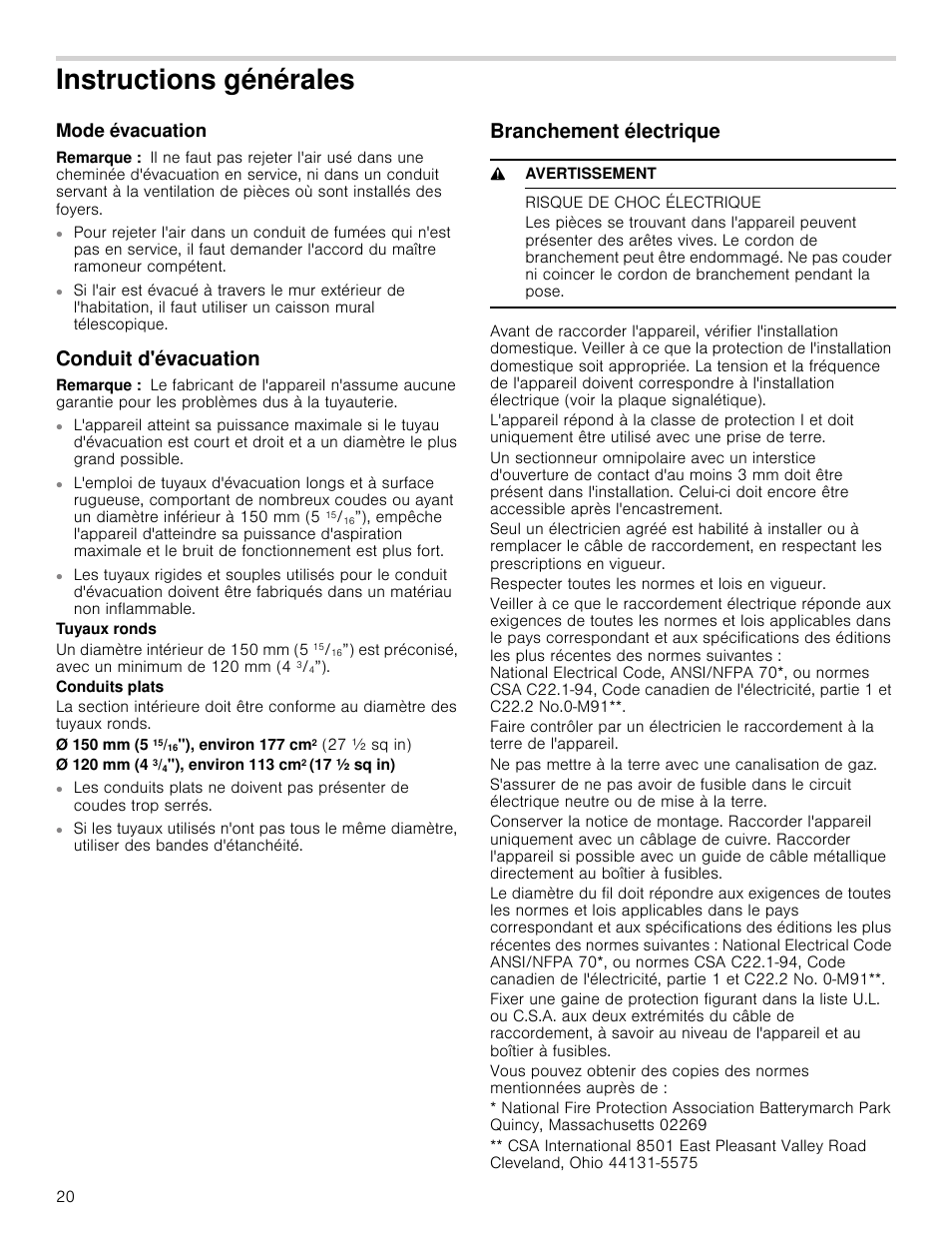 Instructions générales, Mode évacuation, Remarque | Conduit d'évacuation, Branchement électrique, 9 avertissement, Risque de choc électrique | Bosch HIB82651UC User Manual | Page 20 / 40