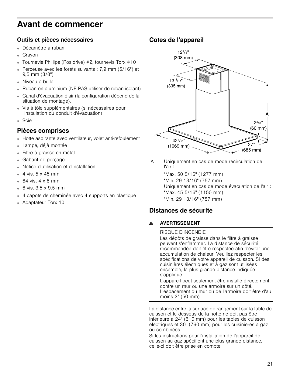 Avant de commencer, Outils et pièces nécessaires, Pièces comprises | Cotes de l'appareil, Distances de sécurité, 9 avertissement, Risque d'incendie, Cotes de l'appareil distances de sécurité | Bosch HIB82651UC User Manual | Page 21 / 40
