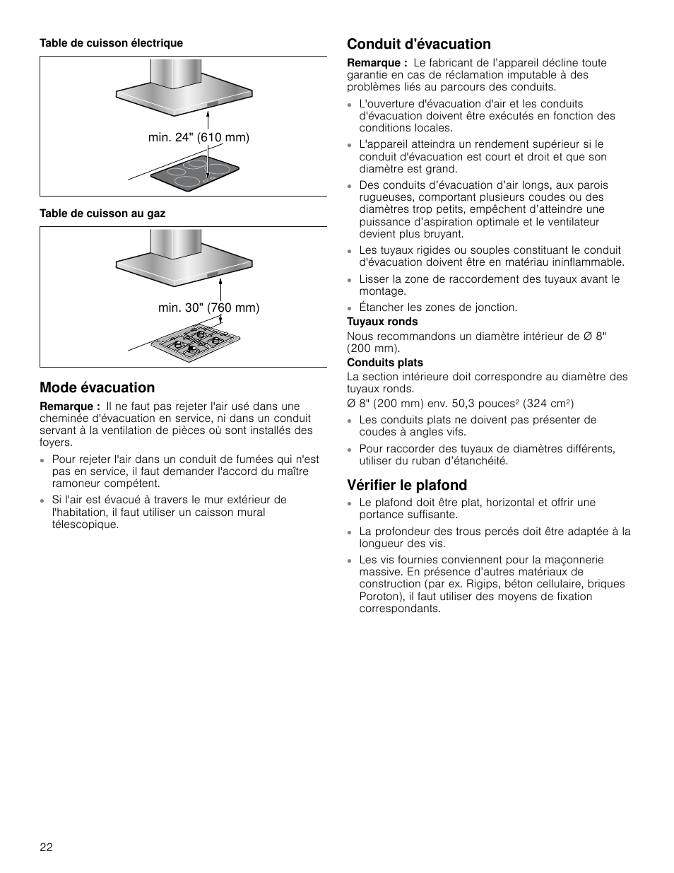 Mode évacuation, Remarque, Conduit d'évacuation | Vérifier le plafond | Bosch HIB82651UC User Manual | Page 22 / 40