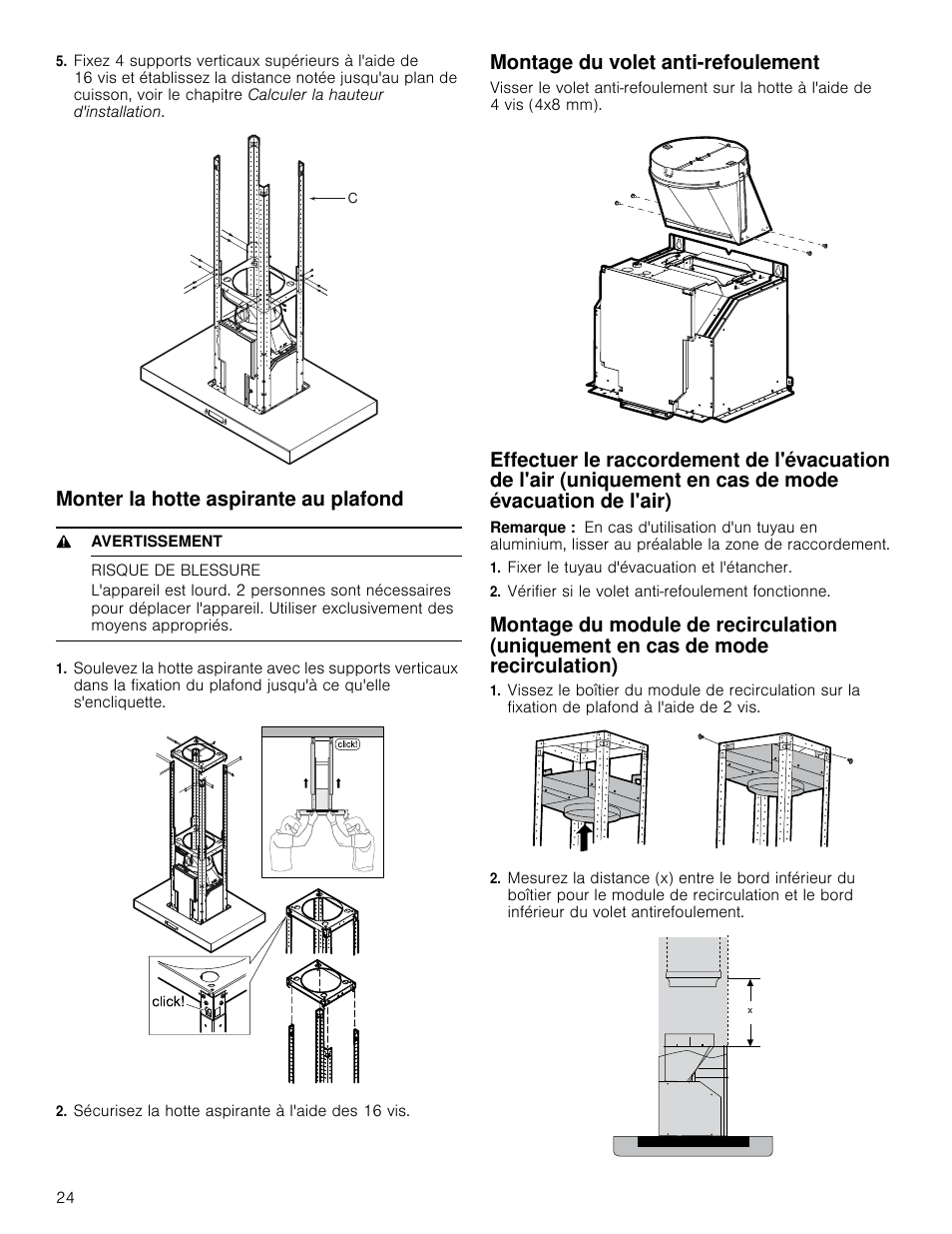 Monter la hotte aspirante au plafond, 9 avertissement, Risque de blessure | Sécurisez la hotte aspirante à l'aide des 16 vis, Montage du volet anti-refoulement, Remarque, Fixer le tuyau d'évacuation et l'étancher, Vérifier si le volet anti-refoulement fonctionne, Uniquement en cas de mode recirculation) | Bosch HIB82651UC User Manual | Page 24 / 40