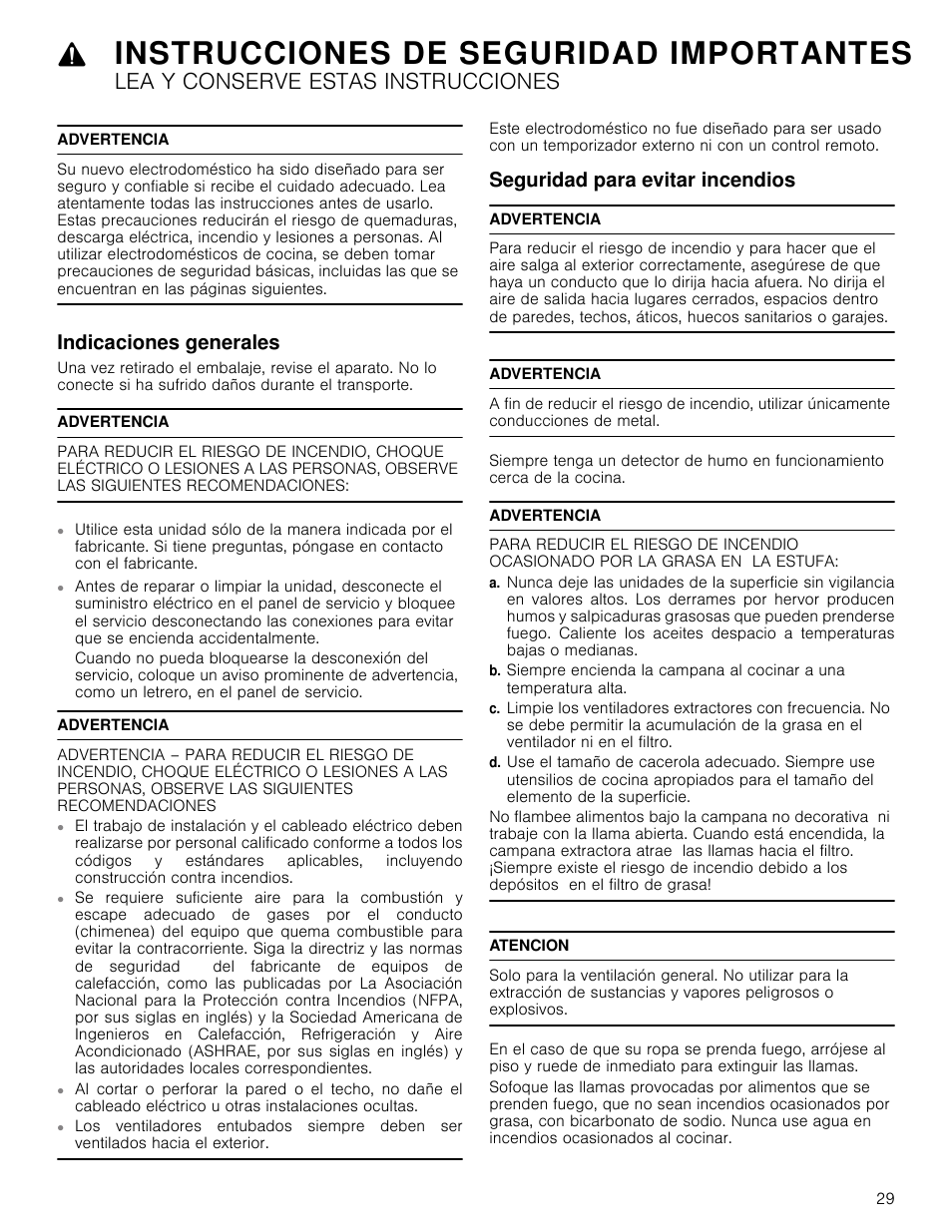 Instrucciones de seguridad importantes, Lea y conserve estas instrucciones, Advertencia | Indicaciones generales, Seguridad para evitar incendios, Atencion | Bosch HIB82651UC User Manual | Page 29 / 40