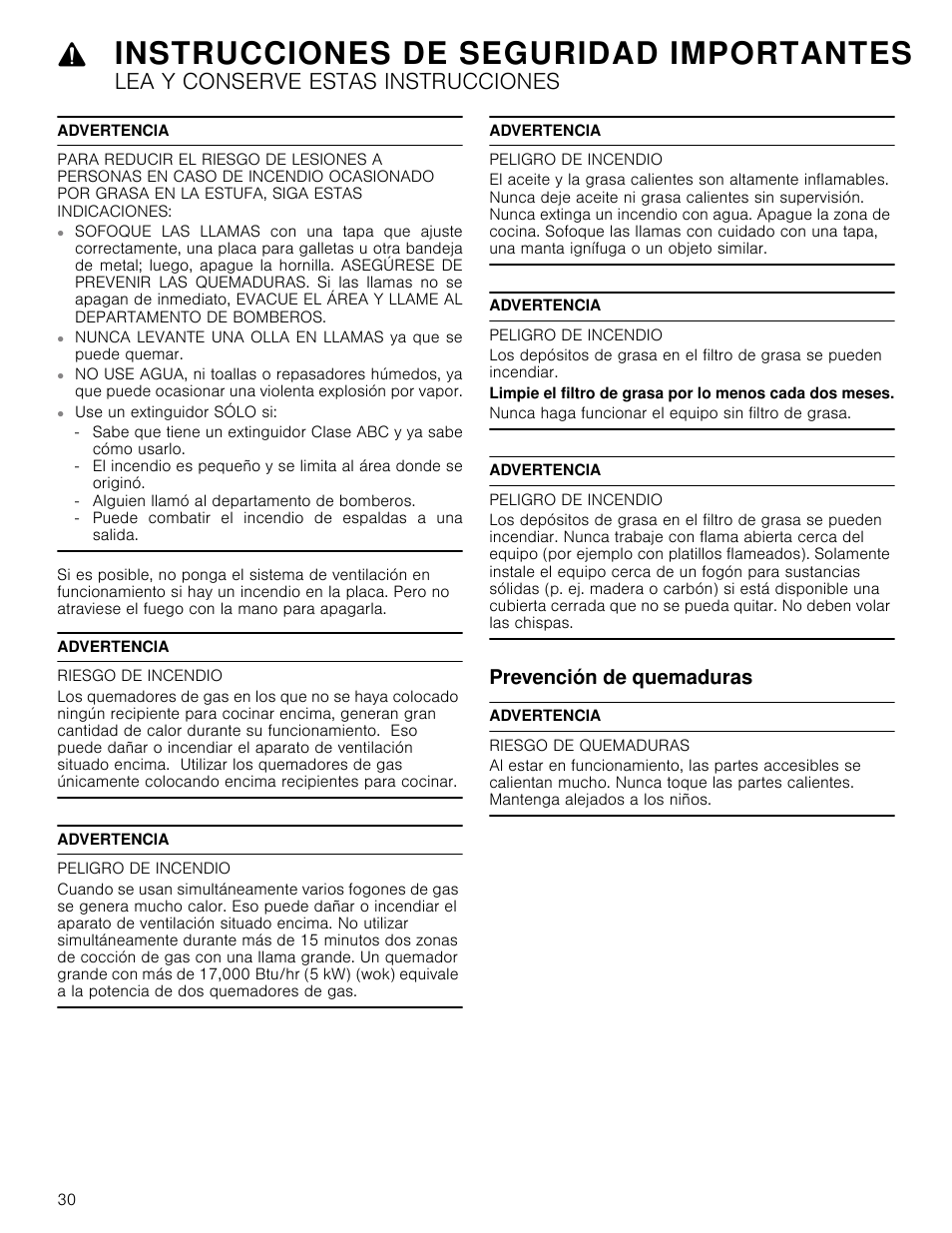 Advertencia, Riesgo de incendio, Peligro de incendio | Prevención de quemaduras, Riesgo de quemaduras, Instrucciones de seguridad importantes, Lea y conserve estas instrucciones | Bosch HIB82651UC User Manual | Page 30 / 40