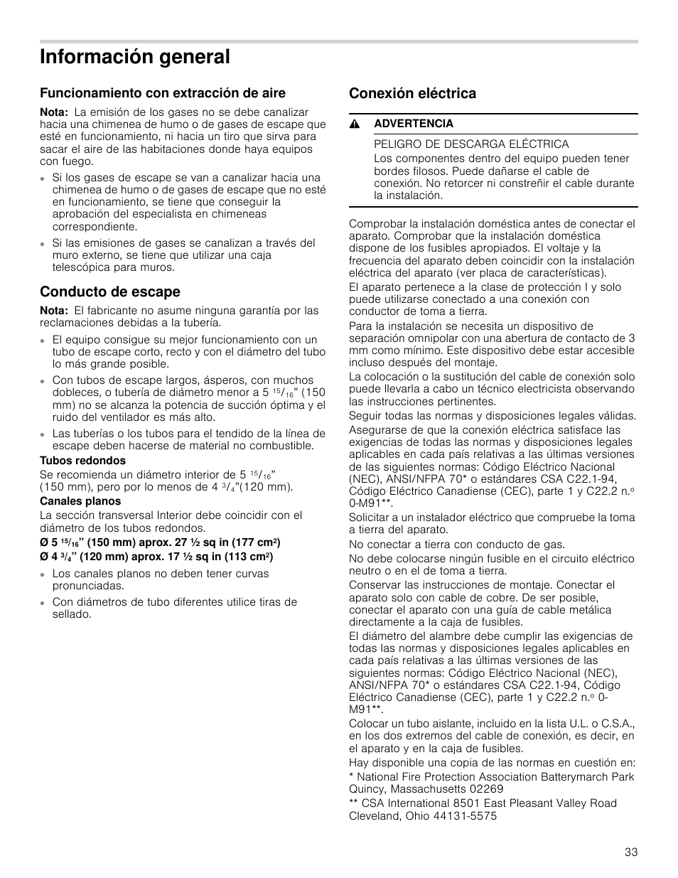 Información general, Funcionamiento con extracción de aire, Nota | Conducto de escape, Conexión eléctrica, 9 advertencia, Peligro de descarga eléctrica | Bosch HIB82651UC User Manual | Page 33 / 40