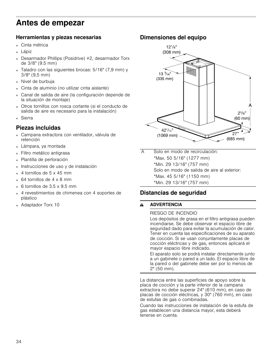 Antes de empezar, Herramientas y piezas necesarias, Piezas incluidas | Dimensiones del equipo, Distancias de seguridad, 9 advertencia, Riesgo de incendio, Dimensiones del equipo distancias de seguridad | Bosch HIB82651UC User Manual | Page 34 / 40