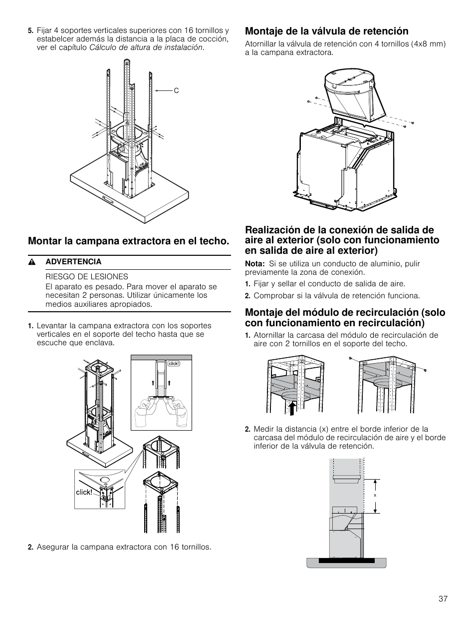 Montar la campana extractora en el techo, 9 advertencia, Riesgo de lesiones | Asegurar la campana extractora con 16 tornillos, Montaje de la válvula de retención, Nota, Fijar y sellar el conducto de salida de aire, Comprobar si la válvula de retención funciona, Solo con funcionamiento en recirculación) | Bosch HIB82651UC User Manual | Page 37 / 40