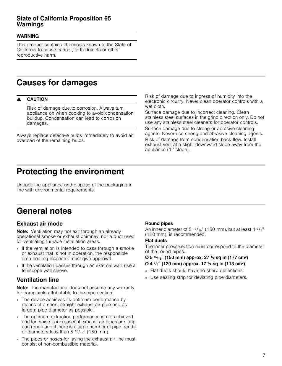 State of california proposition 65 warnings, Warning, Causes for damages | 9 caution, Protecting the environment, General notes, Exhaust air mode, Note, Ventilation line, Vironment | Bosch HIB82651UC User Manual | Page 7 / 40