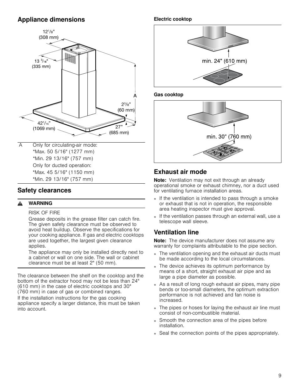 Appliance dimensions, Safety clearances, 9 warning | Risk of fire, Exhaust air mode, Note, Ventilation line, Appliance dimensions safety clearances | Bosch HIB82651UC User Manual | Page 9 / 40