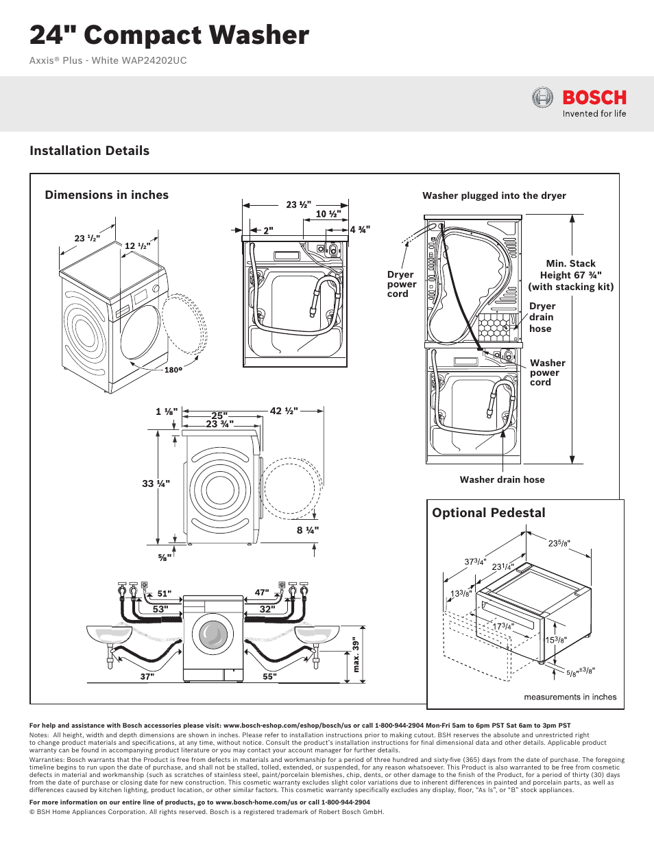 24" compact washer, Installation details, Optional pedestal | Dimensions in inches | Bosch WAP24202UC User Manual | Page 2 / 3