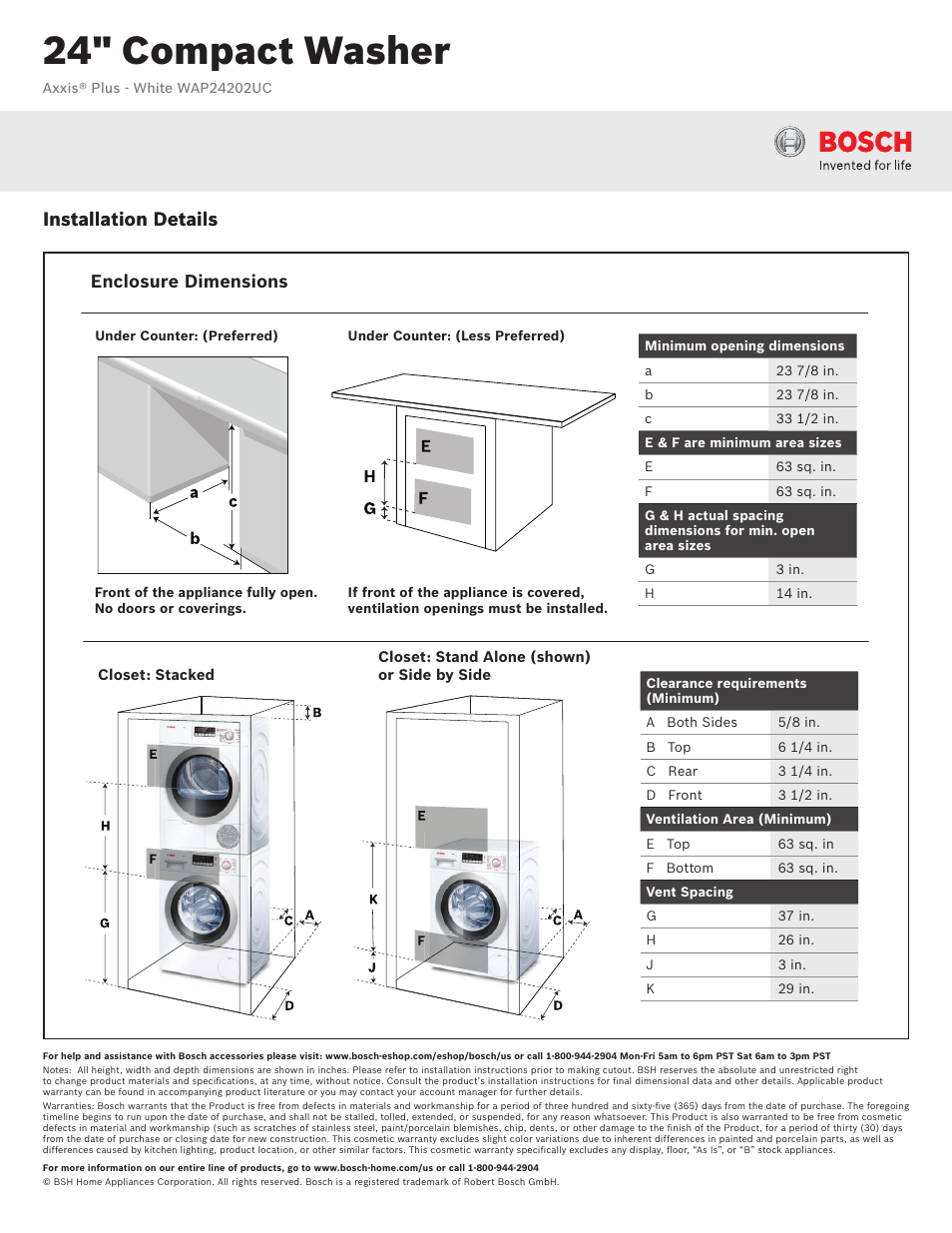 24" compact washer, Installation details, Enclosure dimensions | Bosch WAP24202UC User Manual | Page 3 / 3