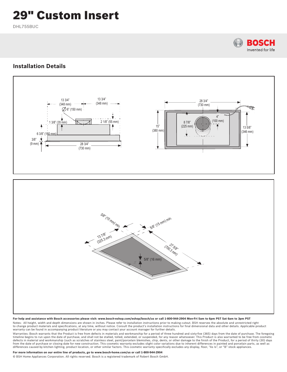 29" custom insert, Installation details | Bosch DHL755BUC User Manual | Page 2 / 2