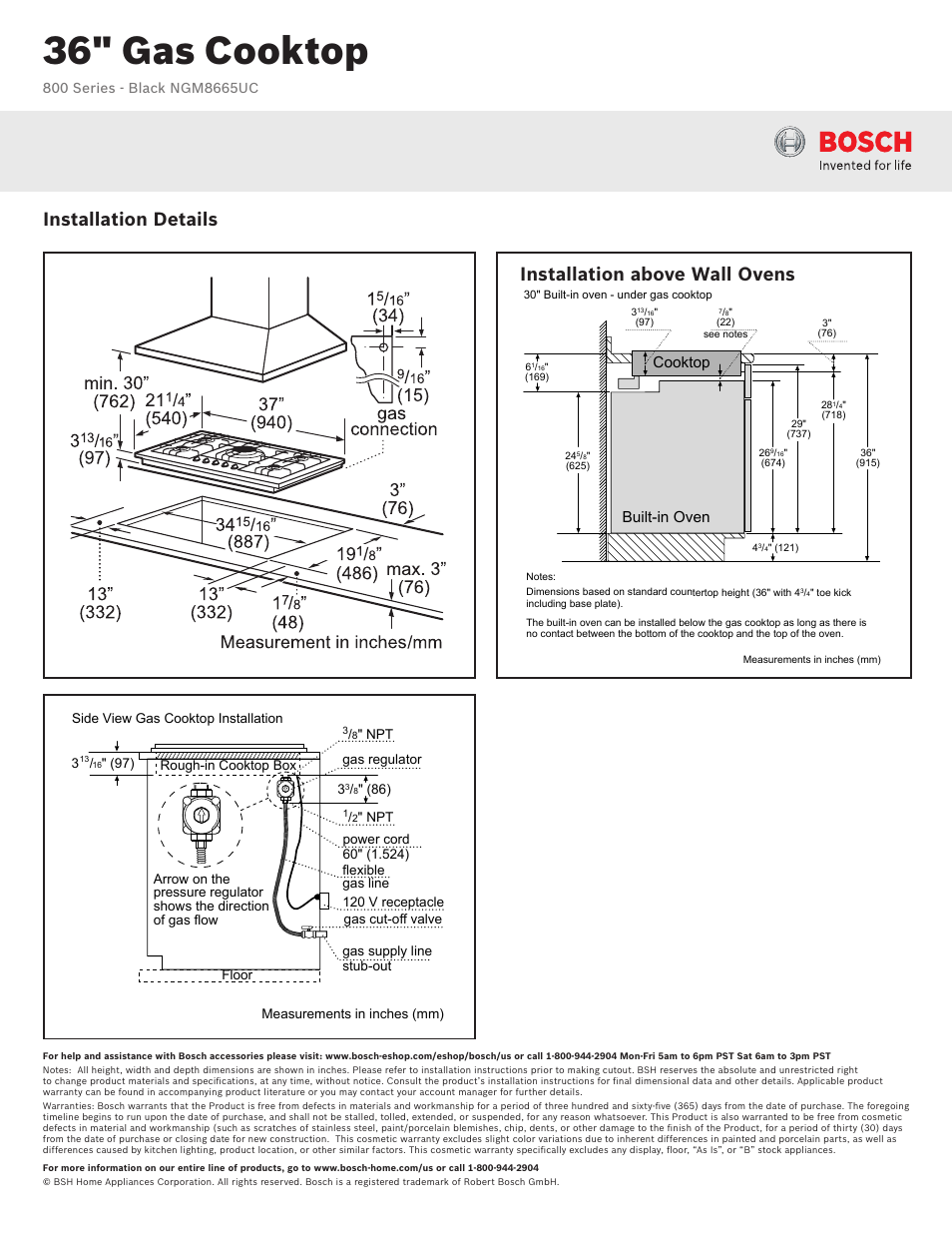 36" gas cooktop, Installation details, Installation above wall ovens | Cooktop built-in oven | Bosch NGM8665UC User Manual | Page 2 / 2