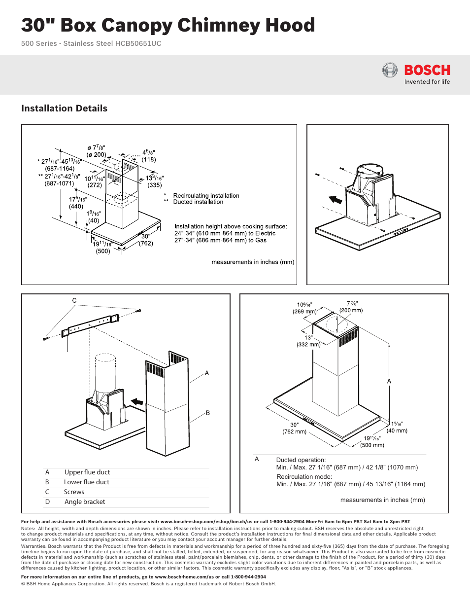 30" box canopy chimney hood, Installation details | Bosch HCB50651UC User Manual | Page 2 / 2