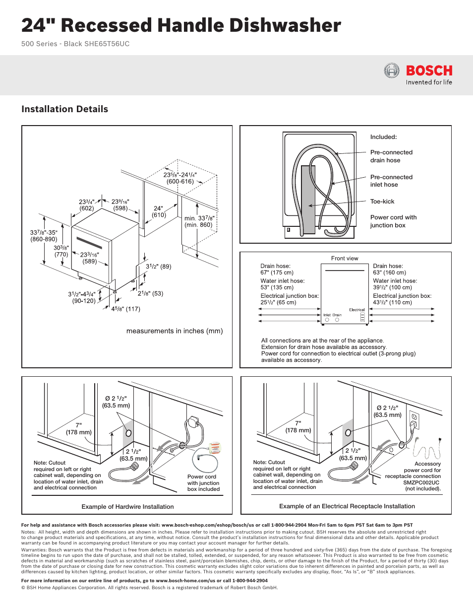 24" recessed handle dishwasher, Installation details | Bosch HE65T56UC User Manual | Page 2 / 3