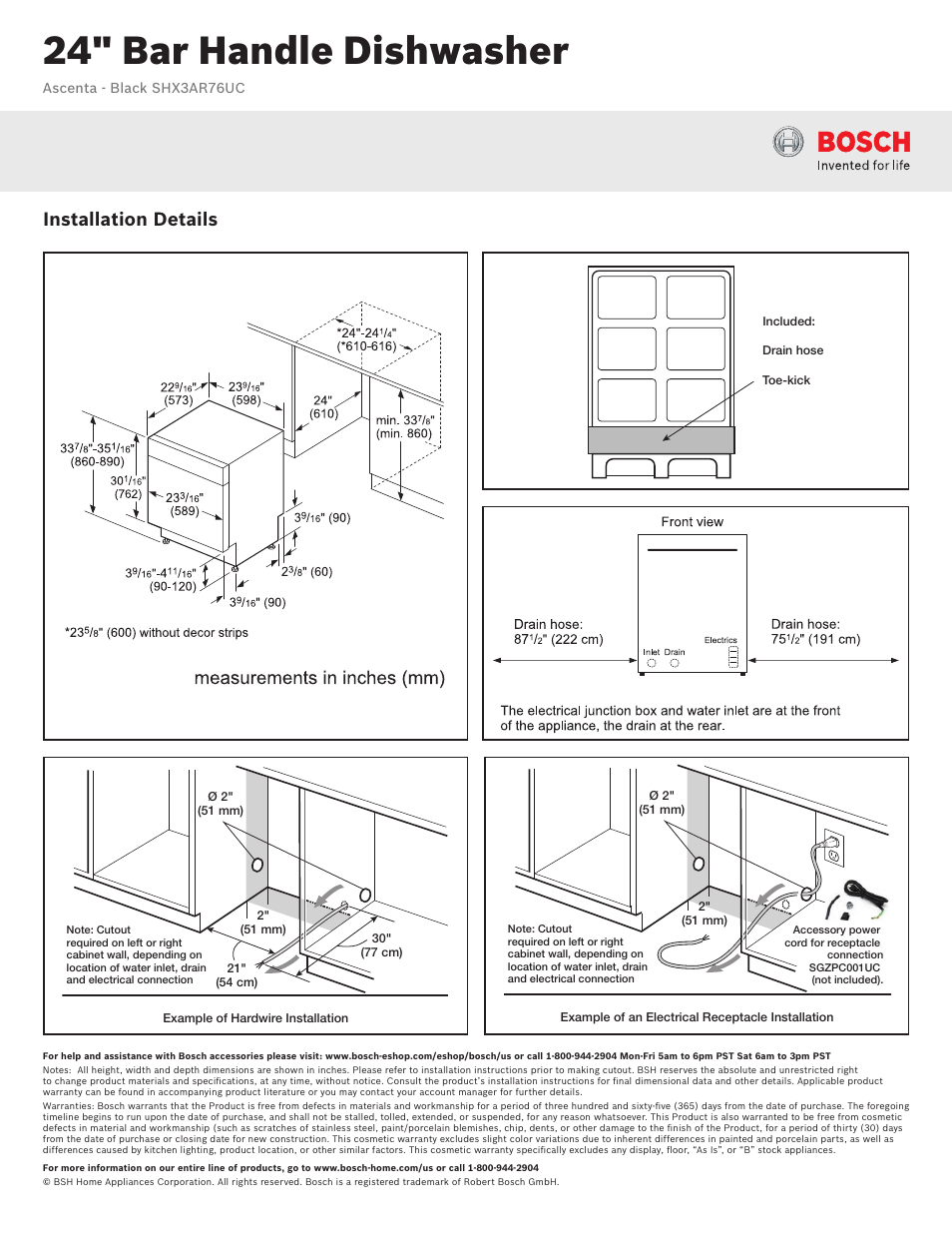 24" bar handle dishwasher, Installation details | Bosch SHX3AR76UC User Manual | Page 2 / 3