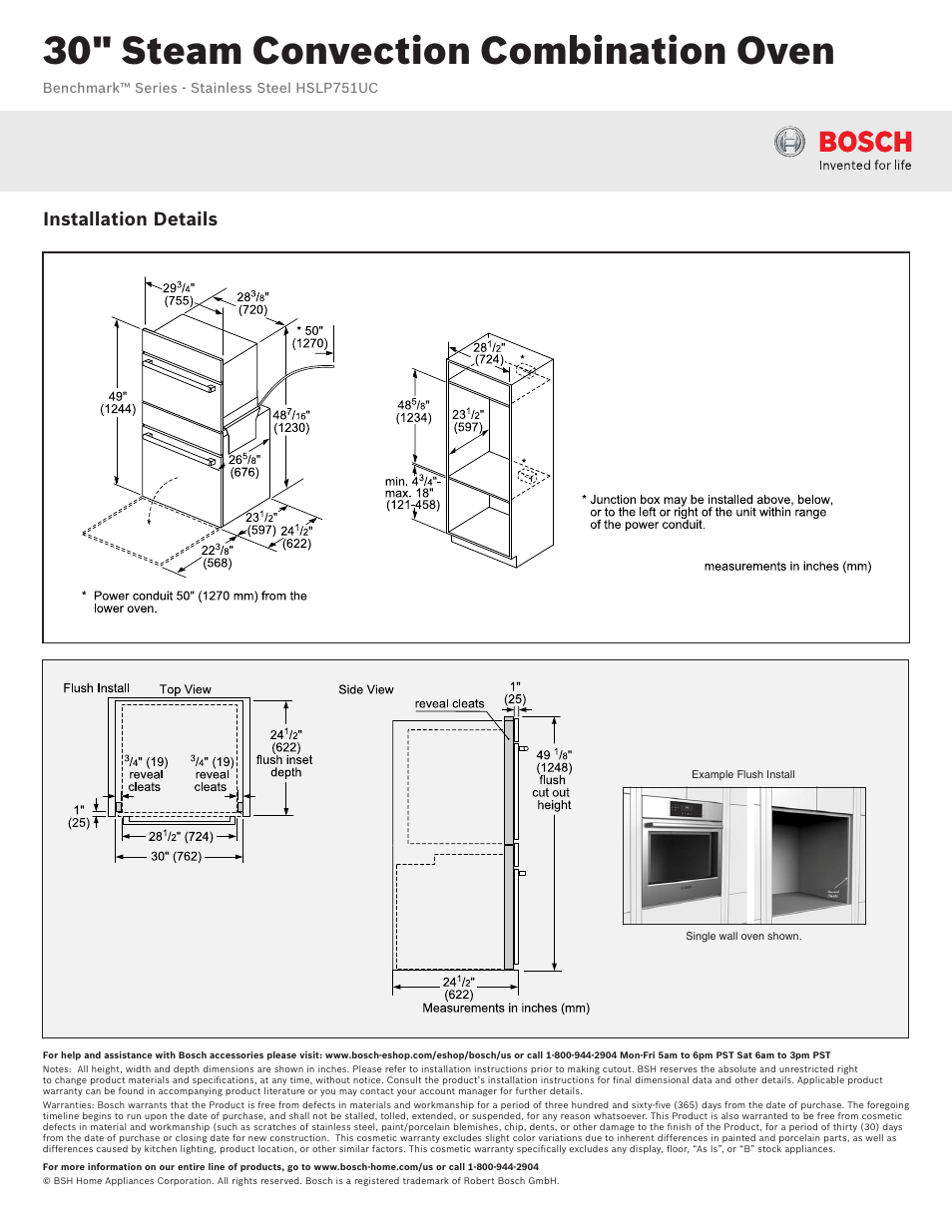 30" steam convection combination oven, Installation details | Bosch HSLP751UC User Manual | Page 2 / 3