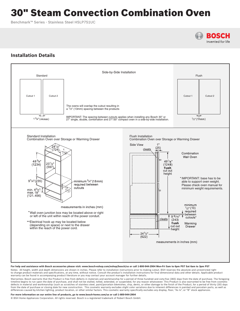 30" steam convection combination oven, Installation details | Bosch HSLP751UC User Manual | Page 3 / 3