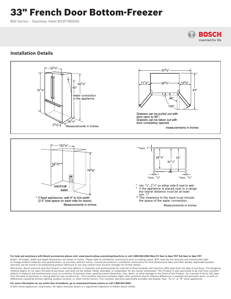 33" french door bottom-freezer, Installation details | Bosch B22FT80SNS User Manual | Page 2 / 2