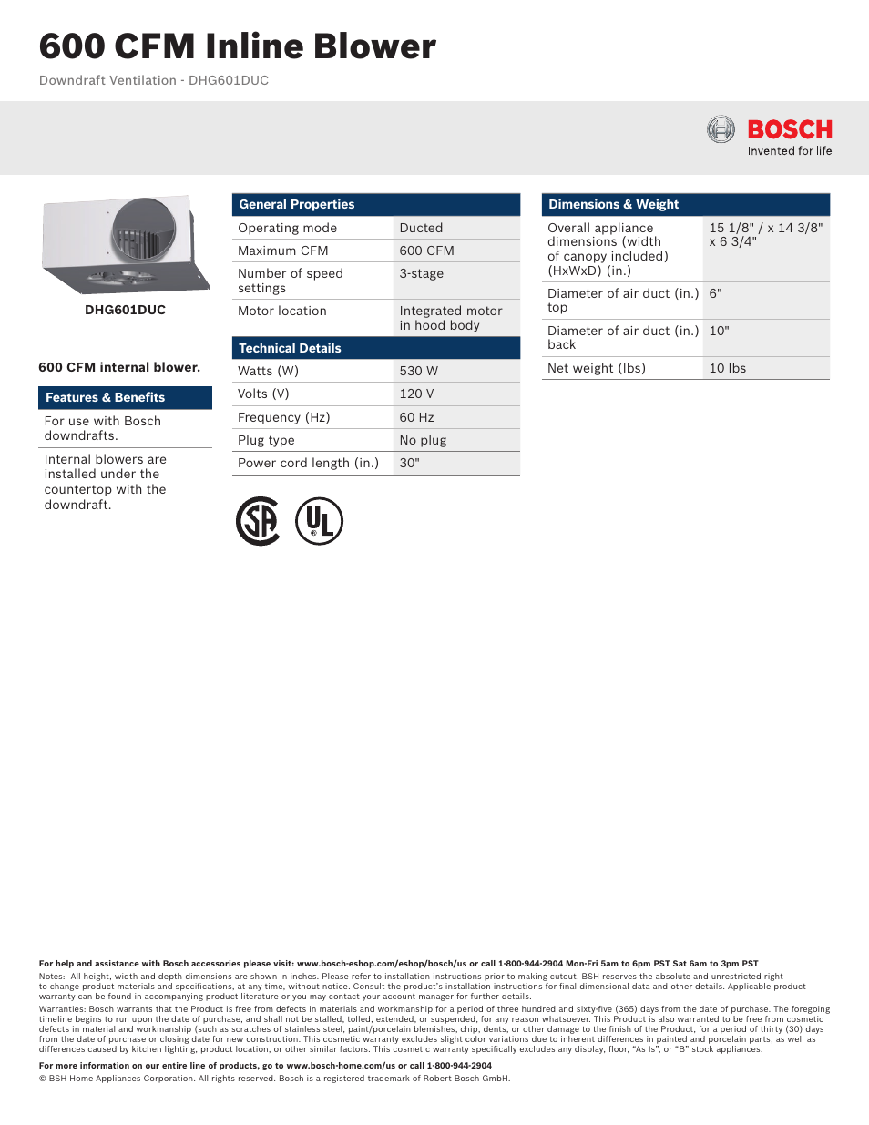 Bosch 600 CFM Internal Blower DHG601DUC User Manual | 2 pages