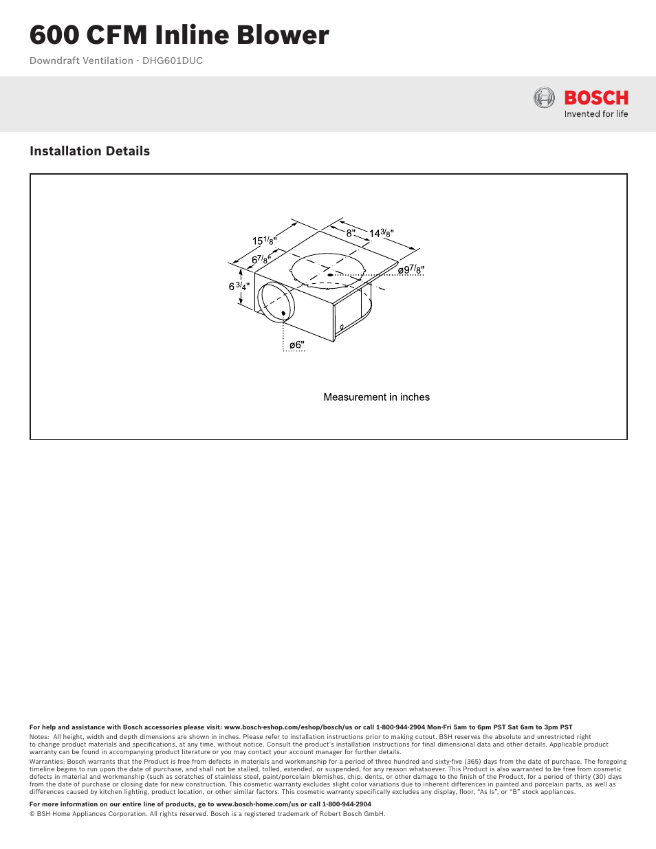 600 cfm inline blower, Installation details | Bosch 600 CFM Internal Blower DHG601DUC User Manual | Page 2 / 2