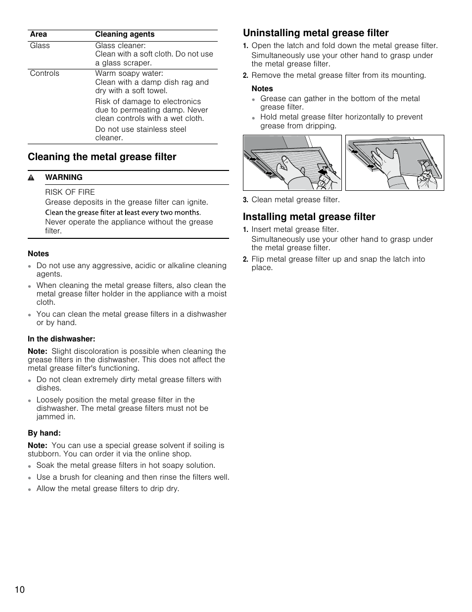 Cleaning the metal grease filter, Uninstalling metal grease filter, Installing metal grease filter | Bosch HCP30E51UC User Manual | Page 10 / 40