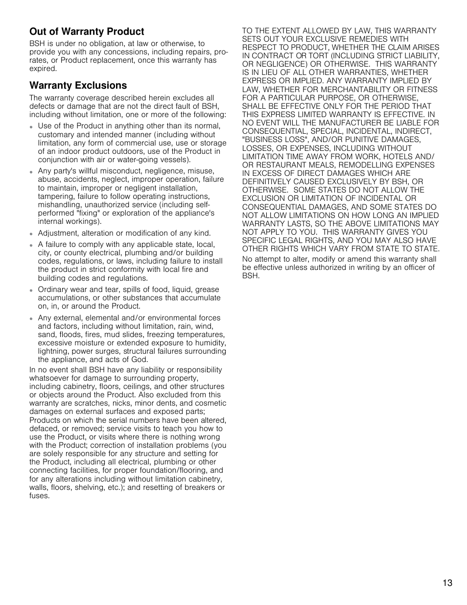 Out of warranty product, Warranty exclusions | Bosch HCP30E51UC User Manual | Page 13 / 40