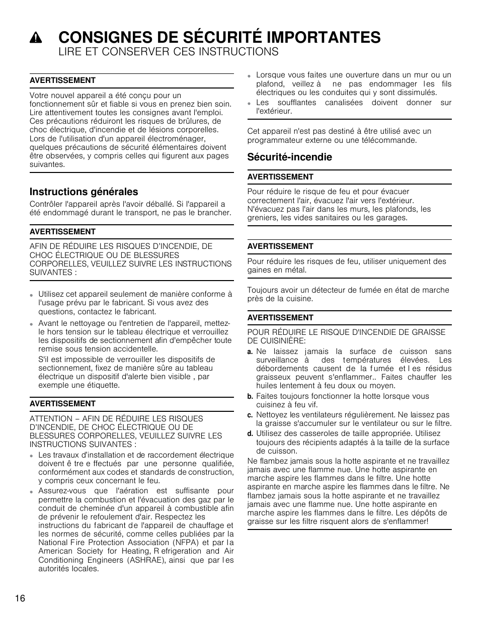 Consignes de sécurité importantes, Lire et conserver ces instructions, Instructions générales | Sécurité-incendie | Bosch HCP30E51UC User Manual | Page 16 / 40