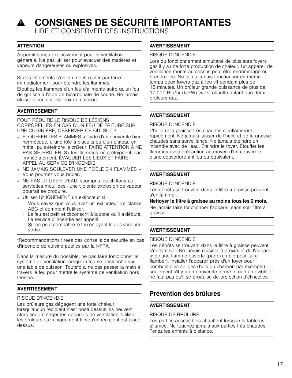 Consignes de sécurité importantes, Lire et conserver ces instructions, Prévention des brûlures | Bosch HCP30E51UC User Manual | Page 17 / 40
