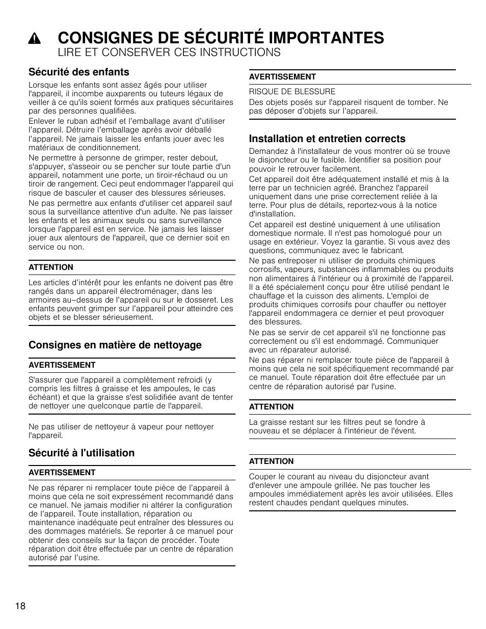 Consignes de sécurité importantes, Lire et conserver ces instructions, Sécurité des enfants | Consignes en matière de nettoyage, Sécurité à l'utilisation, Installation et entretien corrects | Bosch HCP30E51UC User Manual | Page 18 / 40