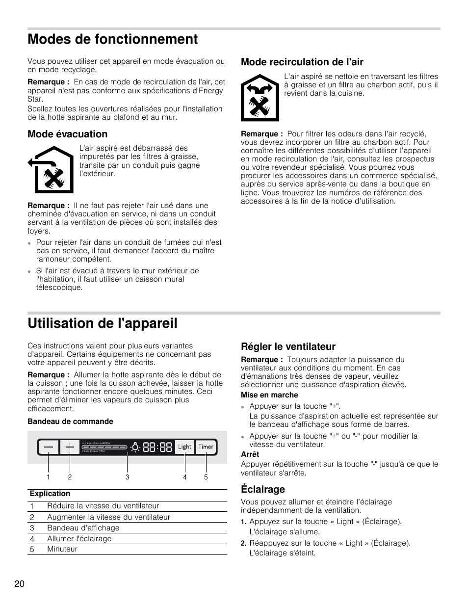 Modes de fonctionnement, Utilisation de l'appareil, Mode évacuation | Mode recirculation de l'air, Régler le ventilateur, Éclairage | Bosch HCP30E51UC User Manual | Page 20 / 40