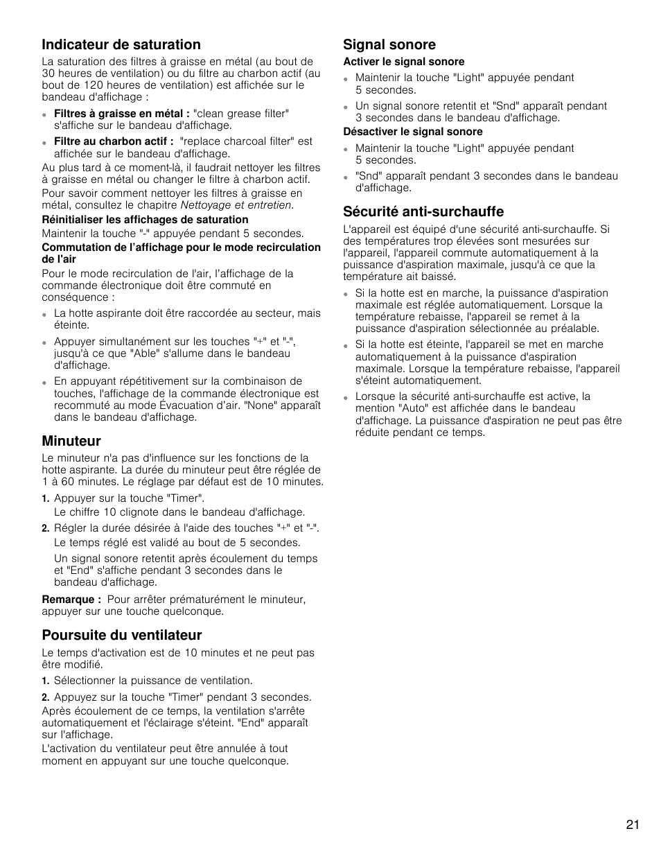 Indicateur de saturation, Minuteur, Poursuite du ventilateur | Signal sonore, Sécurité anti-surchauffe | Bosch HCP30E51UC User Manual | Page 21 / 40