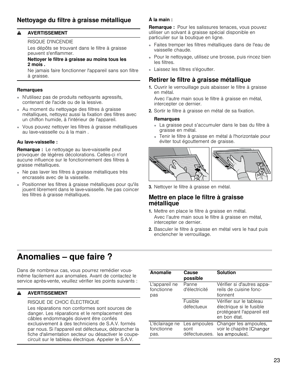 Anomalies – que faire, Nettoyage du filtre à graisse métallique, Retirer le filtre à graisse métallique | Mettre en place le filtre à graisse métallique | Bosch HCP30E51UC User Manual | Page 23 / 40