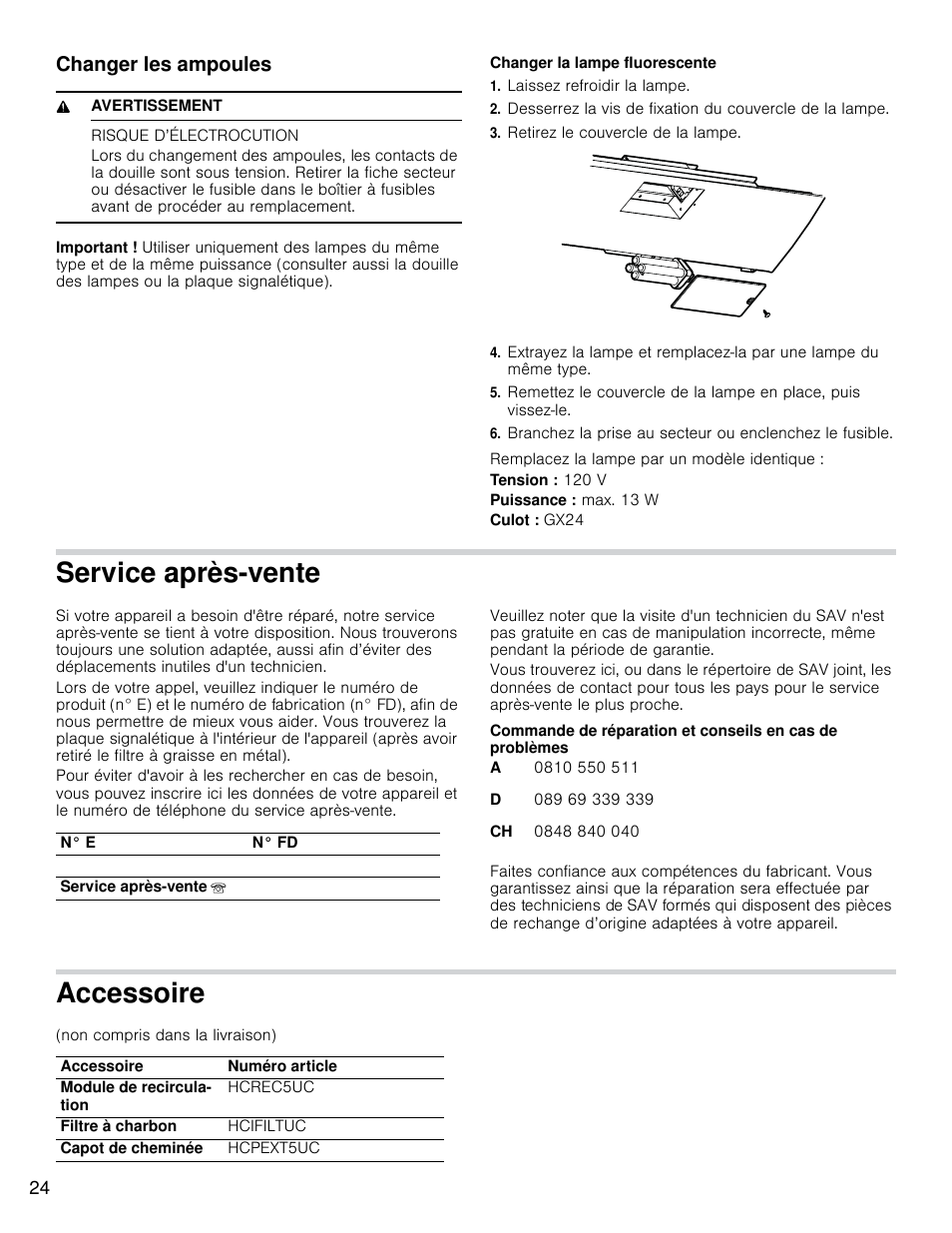 Service après-vente, Accessoire, Changer les ampoules | Bosch HCP30E51UC User Manual | Page 24 / 40