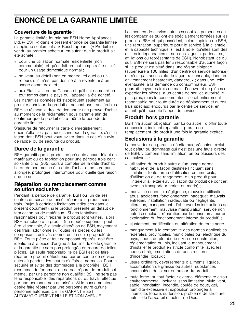 Énoncé de la garantie limitée, Durée de la garantie, Produit hors garantie | Exclusions à la garantie | Bosch HCP30E51UC User Manual | Page 25 / 40