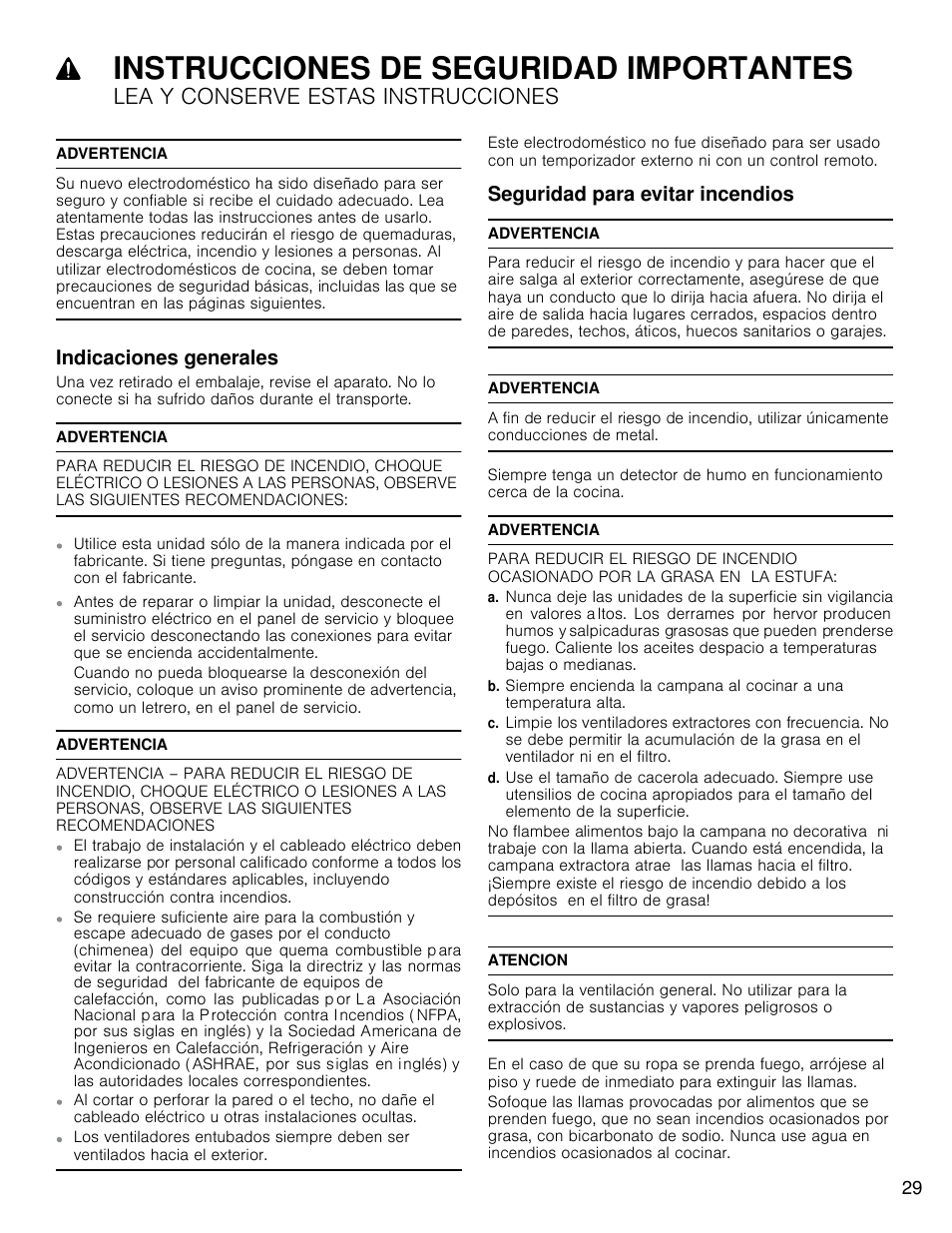 Instrucciones de seguridad importantes, Lea y conserve estas instrucciones, Indicaciones generales | Seguridad para evitar incendios | Bosch HCP30E51UC User Manual | Page 29 / 40