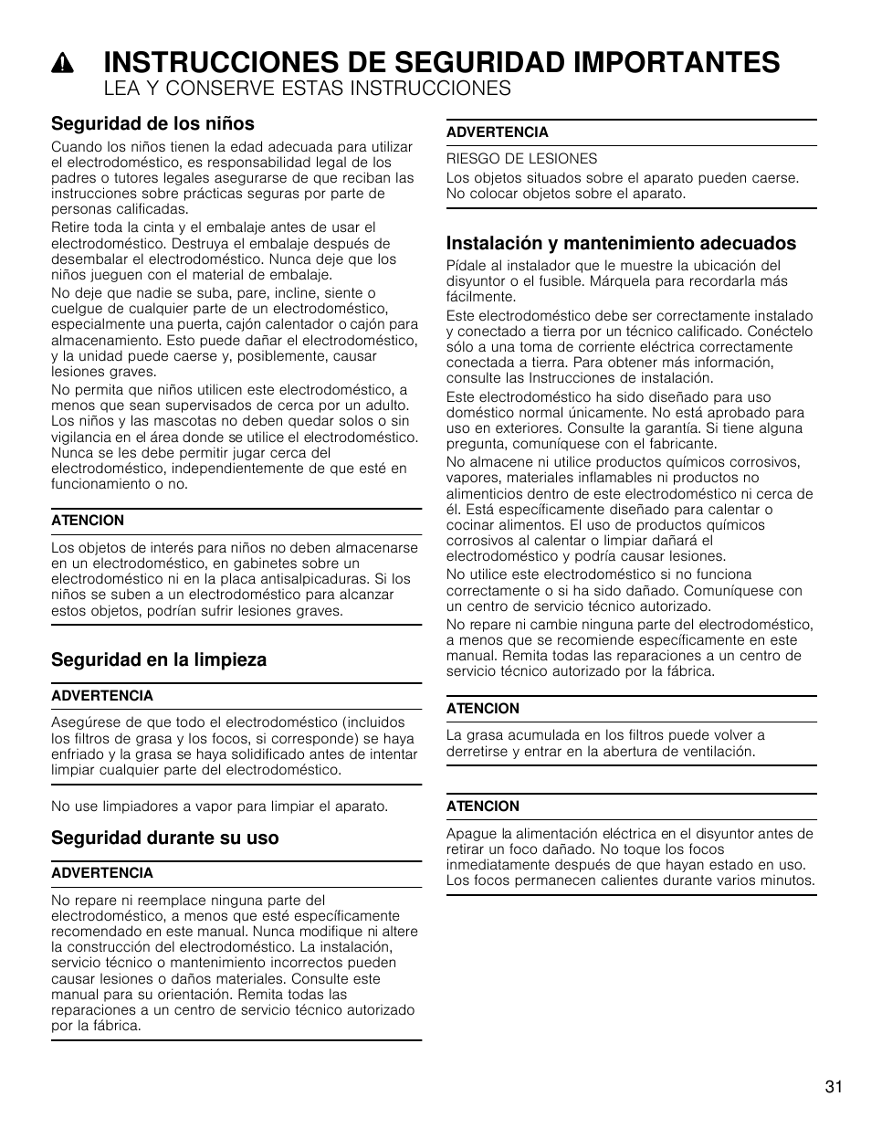 Instrucciones de seguridad importantes, Lea y conserve estas instrucciones, Seguridad de los niños | Seguridad en la limpieza, Seguridad durante su uso, Instalación y mantenimiento adecuados | Bosch HCP30E51UC User Manual | Page 31 / 40