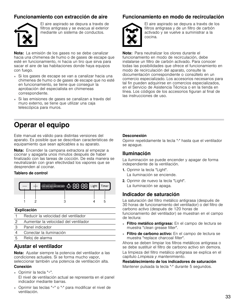 Operar el equipo, Funcionamiento con extracción de aire, Funcionamiento en modo de recirculación | Ajustar el ventilador, Iluminación, Indicador de saturación | Bosch HCP30E51UC User Manual | Page 33 / 40
