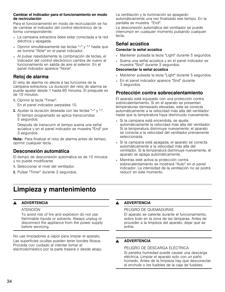Limpieza y mantenimiento, Reloj de alarma, Desconexión automática | Señal acústica, Protección contra sobrecalentamiento | Bosch HCP30E51UC User Manual | Page 34 / 40