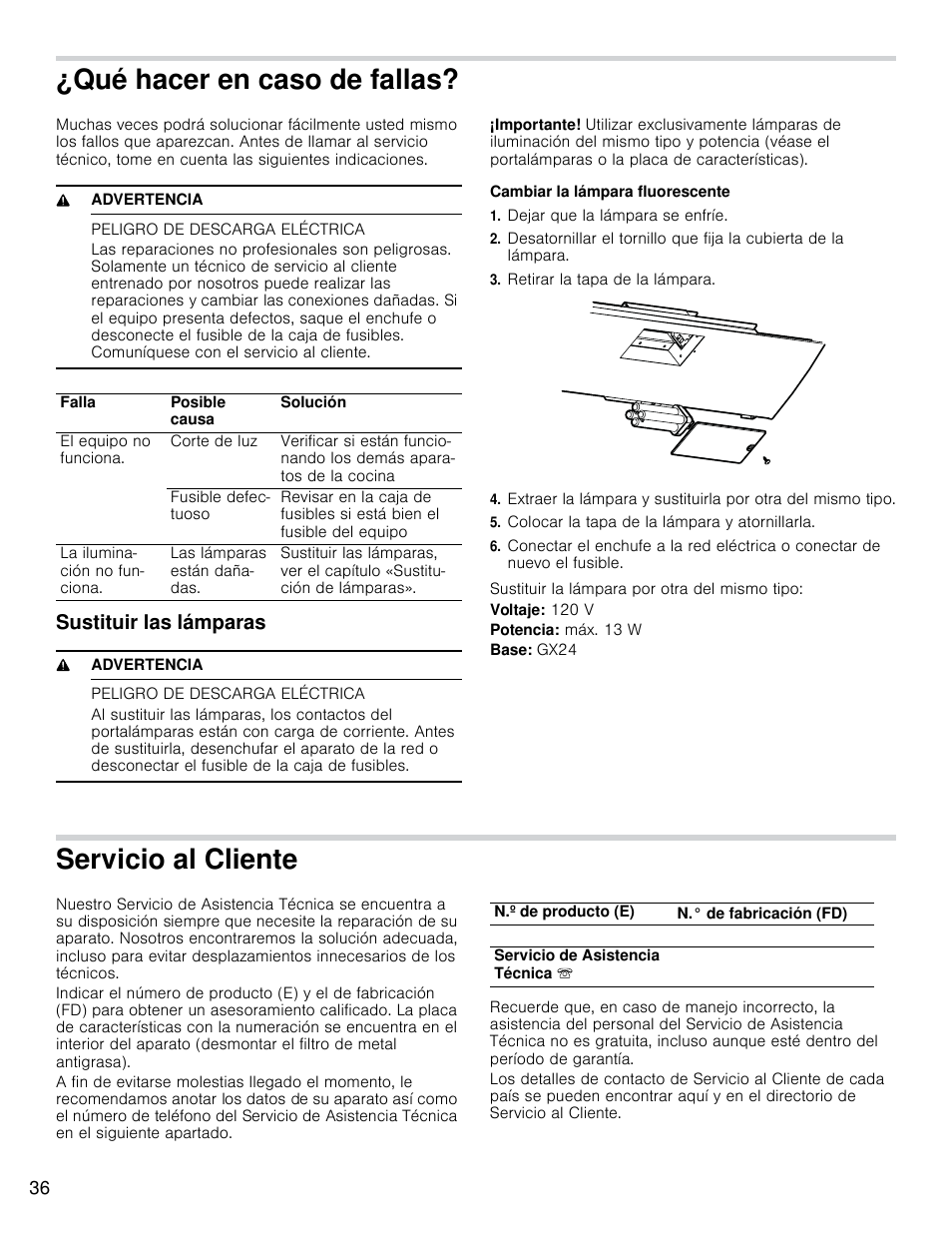 Qué hacer en caso de fallas, Servicio al cliente, Sustituir las lámparas | Bosch HCP30E51UC User Manual | Page 36 / 40