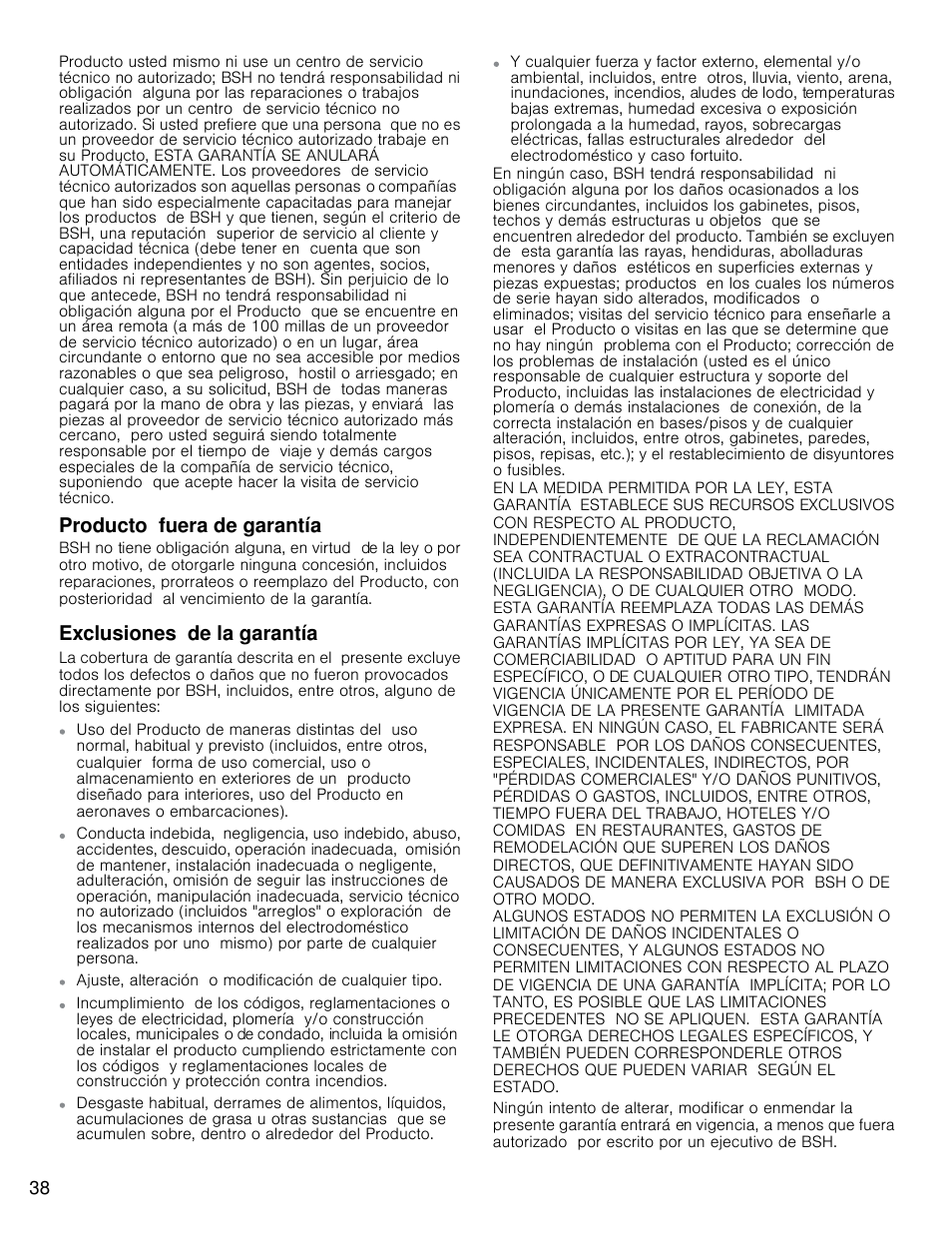 Producto fuera de garantía, Exclusiones de la garantía | Bosch HCP30E51UC User Manual | Page 38 / 40