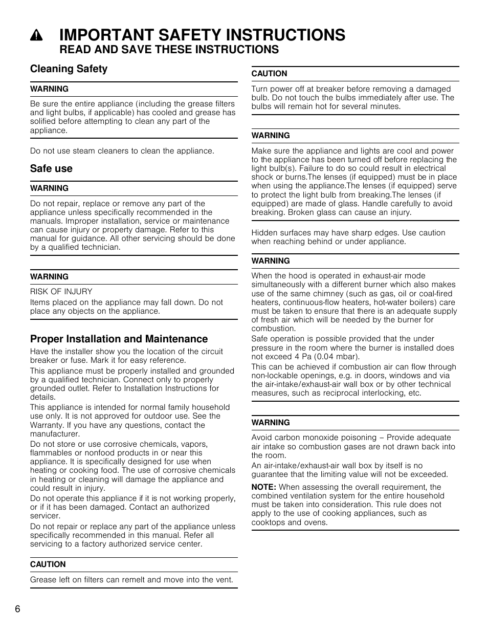 Important safety instructions, Read and save these instructions, Cleaning safety | Safe use, Proper installation and maintenance | Bosch HCP30E51UC User Manual | Page 6 / 40
