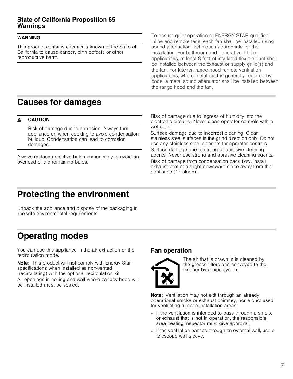 Causes for damages, Protecting the environment, Operating modes | State of california proposition 65 warnings, Fan operation | Bosch HCP30E51UC User Manual | Page 7 / 40