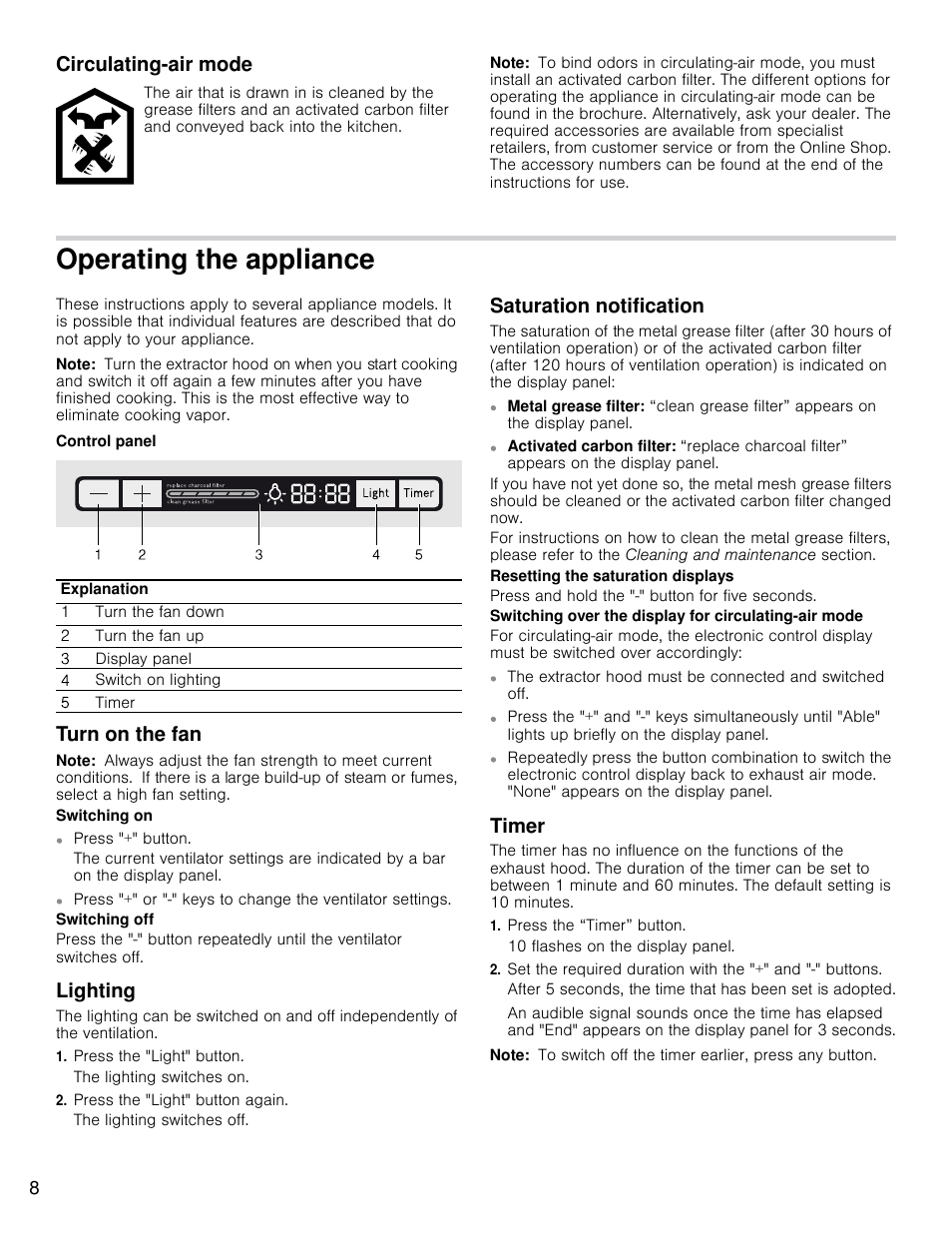 Operating the appliance, Circulating-air mode, Turn on the fan | Lighting, Saturation notification, Timer | Bosch HCP30E51UC User Manual | Page 8 / 40