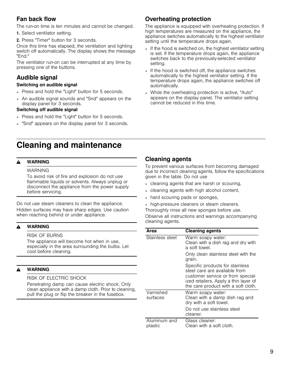 Cleaning and maintenance, Fan back flow, Audible signal | Overheating protection, Cleaning agents | Bosch HCP30E51UC User Manual | Page 9 / 40