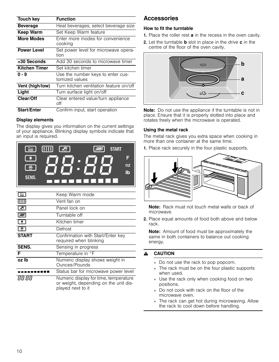 Display elements, Accessories, How to fit the turntable | Note, Using the metal rack, Place rack securely in the four plastic supports, 9 caution | Bosch HMV5052U User Manual | Page 10 / 56