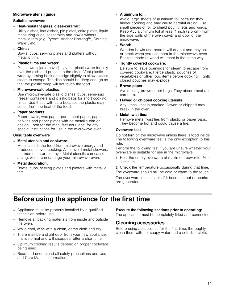 Microwave utensil guide, Suitable ovenware, Unsuitable ovenware | Ovenware test, Before using the appliance for the first time, While cool, wipe with a clean, damp cloth and dry, Execute the following sections prior to operating, Cleaning accessories | Bosch HMV5052U User Manual | Page 11 / 56