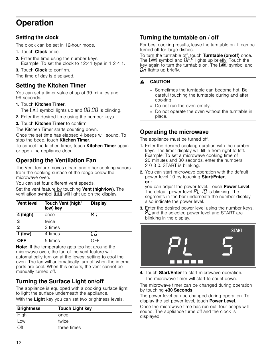 Operation, Setting the clock, The clock can be set in 12-hour mode | Touch clock once, Touch clock to confirm, Setting the kitchen timer, Touch kitchen timer, Enter the desired time using the number keys, Touch kitchen timer to confirm, Operating the ventilation fan | Bosch HMV5052U User Manual | Page 12 / 56