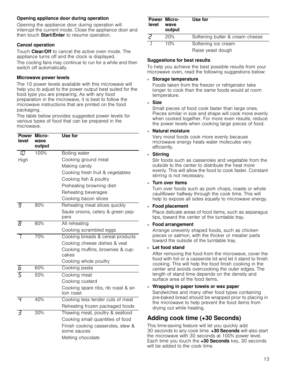 Opening appliance door during operation, Cancel operation, Microwave power levels | Suggestions for best results, Adding cook time (+30 seconds) | Bosch HMV5052U User Manual | Page 13 / 56