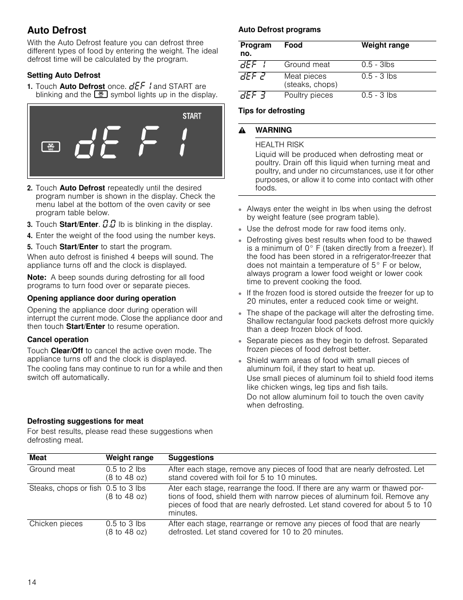 Auto defrost, Setting auto defrost, Enter the weight of the food using the number keys | Touch start/enter to start the program, Note, Opening appliance door during operation, Cancel operation, Auto defrost programs, Tips for defrosting, 9 warning | Bosch HMV5052U User Manual | Page 14 / 56