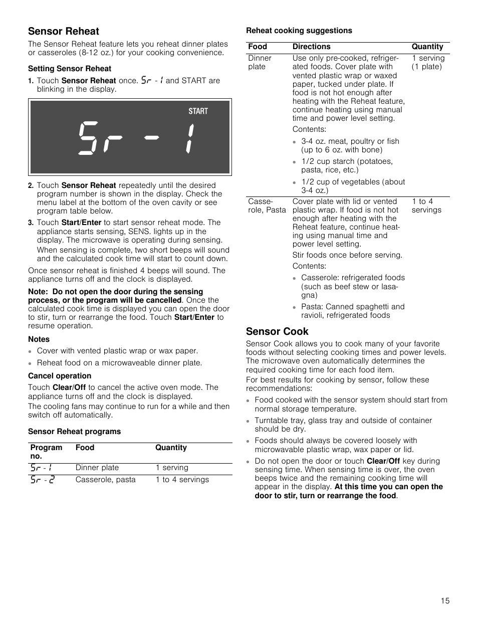 Sensor reheat, Setting sensor reheat, Note | Notes, Cancel operation, Sensor reheat programs, Reheat cooking suggestions, Sensor cook | Bosch HMV5052U User Manual | Page 15 / 56